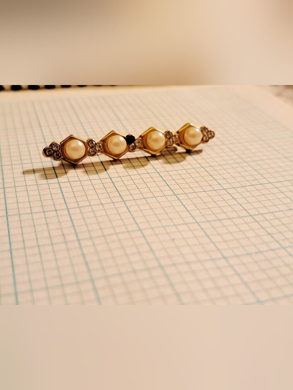 Gold Pearl Bar Brooch Pin with Clear Crystal Accents
